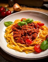 Delicious Tagliatelle Pasta with Rich Meat Sauce and Fresh Basil