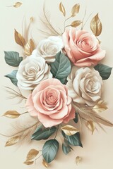 Bouquet of white and pink roses on a neutral watercolor background in muted beige and light brown hues	