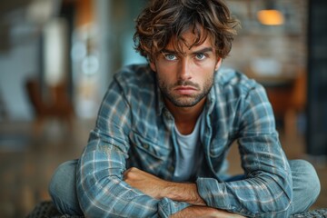 Obraz premium A close-up of a man with an introspective gaze, showcasing deep thought and emotion, reflecting a moment of calmness amid a stylish, modern lifestyle and setting.