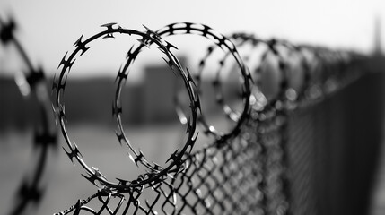 The barbed wire fence in the prison has wire wrapped around it, twisted wire; the wall is black and white.
