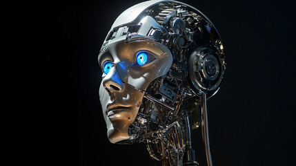 A woman's face is shown in a black background with blue eyes. The face is made of metal and has a robotic appearance. Concept of futuristic technology and a futuristic, mechanical look