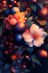 Beautiful blend of ripe berries and vibrant roses in a dark, perfectly lit palette