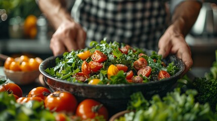 A skilled chef prepares a fresh salad, showcasing vibrant vegetables and herbs, emphasizing healthy eating and the joy of culinary art in a warm kitchen atmosphere.