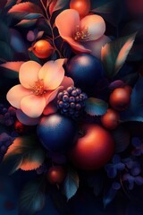 Beautiful blend of ripe berries and vibrant roses in a dark, perfectly lit palette