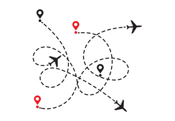 Airplane Travel Path with Red and Black Destination Map Pins