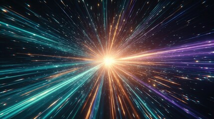 Bright light radiates outward with colorful streaks, giving a dynamic impression of energy, motion, and speed in a cosmic or futuristic setting.