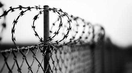 The barbed wire fence in the prison has wire wrapped around it, twisted wire; the wall is black and white.