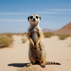 Meerkat Standing Alert in Desert Landscape – Watchful Animal in Arid Terrain