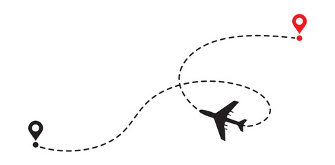 Airplane Travel Path with Red and Black Destination Map Pins