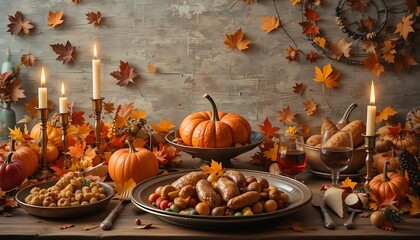 Thanksgiving table autumn food pumpkins candles