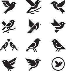 Minimalist Bird Icons – Modern Vector Set of 10 Black Birds – Geometric, Origami, Love Birds, Feather, and Abstract Designs