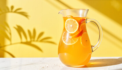 Refreshing pitcher of lemonade with lemon slices on yellow backdrop  
