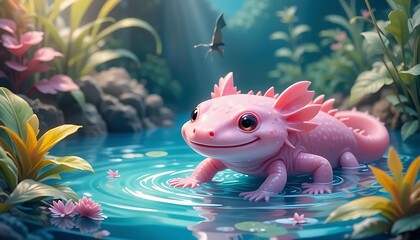 Pink axolotl in water plants