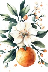 Watercolor Antique-style Orange blossom and oranges with green leaves on white background