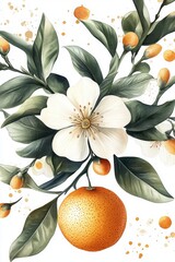 Watercolor Antique-style Orange blossom and oranges with green leaves on white background