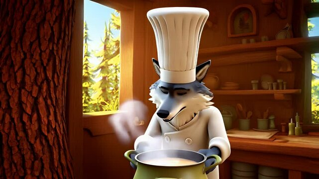 Cartoon wolf chef cooking in treehouse