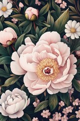 Elegant seamless pattern with pink and white peonies, contrasting against the black background