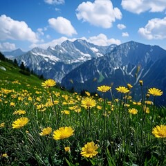 Fototapeta premium Mountain yellow flowers. Mountain flowers. Mountain meadow flowers. Meadow with yellow flowers in mountains