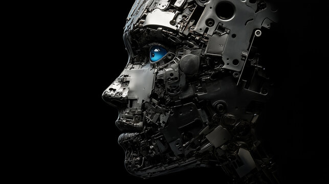 A woman's face is shown in a black background with blue eyes. The face is made of metal and has a robotic appearance. Concept of futuristic technology and a futuristic, mechanical look