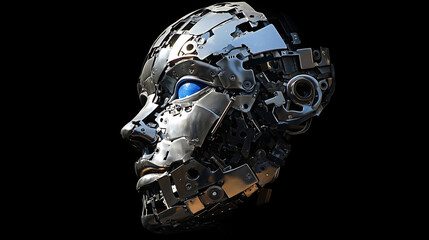 A woman's face is shown in a black background with blue eyes. The face is made of metal and has a robotic appearance. Concept of futuristic technology and a futuristic, mechanical look