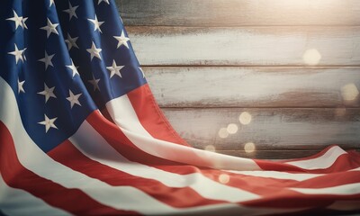 American flag draped on rustic wood background