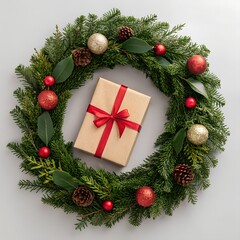 fresh winter christmas wreath flatlay white background with freens and gifts