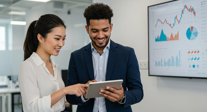 Two happy professional business people team Asian woman and Latin man workers working using digital tablet tech discussing financial market data standing at corporate office meeting.