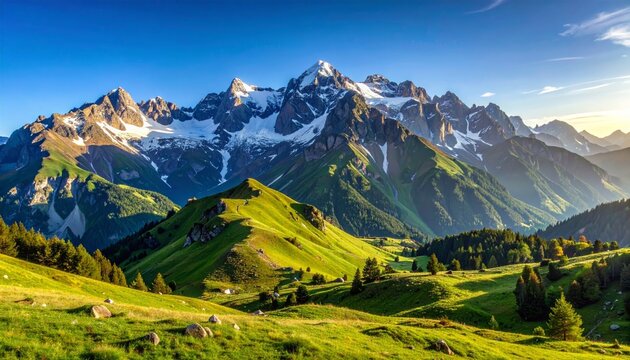 Snow-capped mountain peaks rise above lush green hills and forests under a clear blue sky at sunrise.