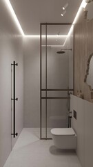 Interior of spacious bathroom with beige walls, with indirect light, toilet, bathtub and shower stall. 3d rendering
