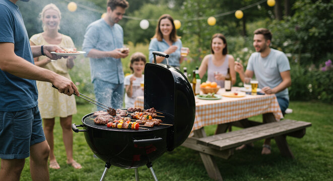 Scene of a summer barbecue with people grilling skewers