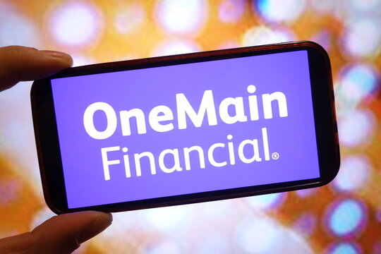 Konskie, Poland - March 04, 2025: OneMain Financial company logo displayed on mobile phone