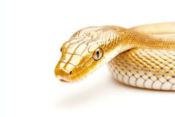 Fototapeta premium A gold colored snake is laying on a white background. , isolated on white background.