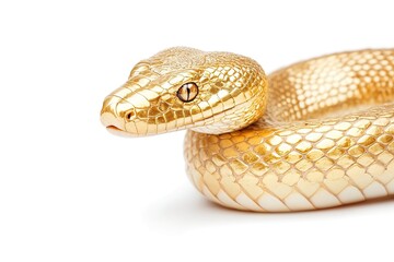 Fototapeta premium A gold colored snake is laying on a white background. , isolated on white background.