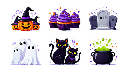 Cute and festive halloween illustrations featuring pumpkins ghosts cats and spooky themed elements
