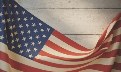Draped american flag on wooden background patriotism symbol