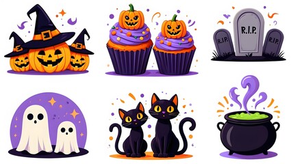 Cute halloween vector illustration with pumpkins cupcakes black cats ghosts and cauldron