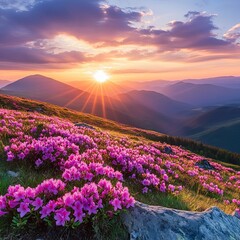 Obraz premium Picturesque summer sunset with rhododendron flowers. Location place Carpathian mountains, Ukraine, Europe. Vibrant photo wallpaper. Image of gorgeous pink flowers. Discover the beauty of earth.