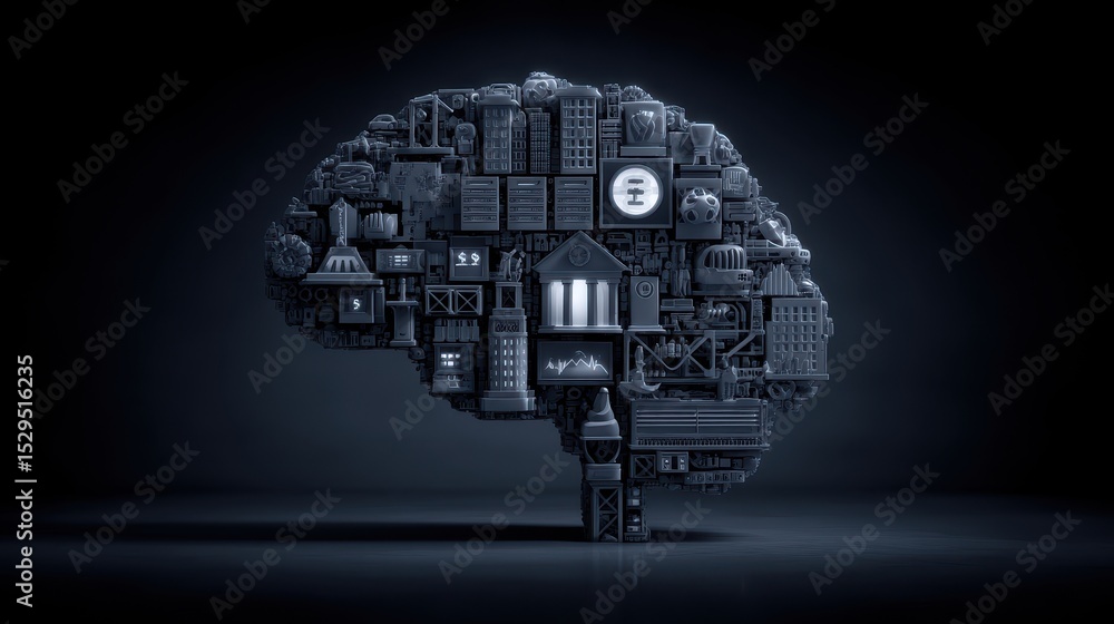 Poster business innovation a spinning camera effect with business icons representing ai and creativity in a