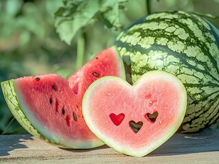 Watermelon slice with heart cutout on white table with green bokeh background