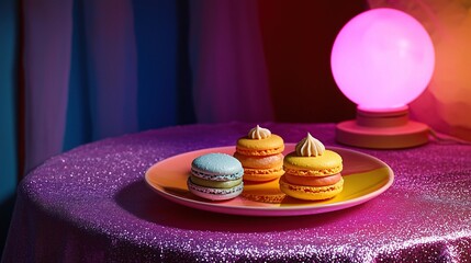 Surreal pastel dessert scene with macarons and cupcakes, rainbow-pink tablecloth, deep purple wall, soft pink lighting
