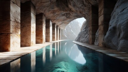 An enchanting cavern featuring stunning stone pillars and reflective waters, illustrating the beauty of nature fused with architectural brilliance in a serene, mystical setting.
