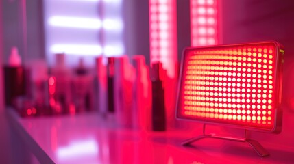 Red light therapy device on clean surface, symbolizing advanced beauty innovation.