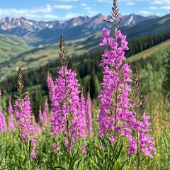 Purple Fireweed Wildflowers in front of ski trails during the summer, Vail, CO, USA.