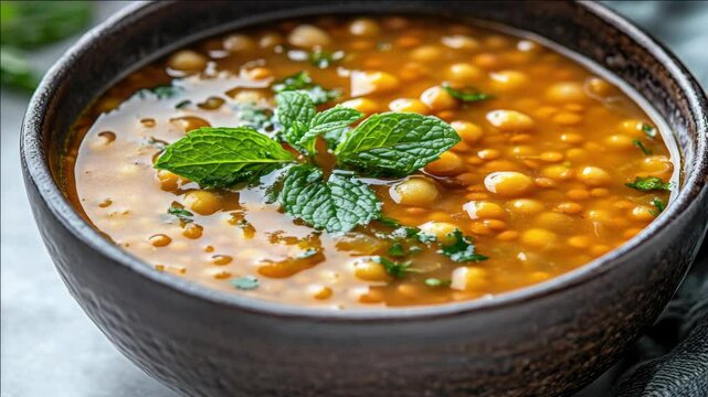 Warm and nourishing minty chickpea soup with vivid green herb garnish, perfect for a cozy meal.