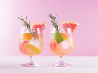 Pink Gin Cocktail with Grapefruit and Rosemary on White TablePink Gin Cocktail with Grapefruit and Rosemary on White Table
