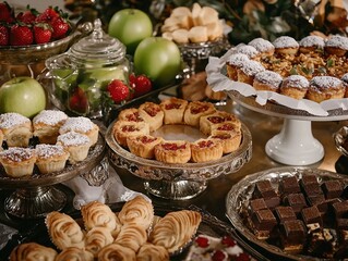 Elegant party table with fruit tarts, meat pies, chocolate rolls, and white cake