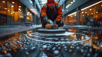 A technician is seen operating a floor cleaning machine, showcasing the importance of cleanliness in modern spaces with bubbles and reflections highlighting the shine.