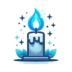 A stylized blue candle with a flickering flame, surrounded by sparkling elements and leaves. Ideal for websites and blogs related to magic, spirituality, or tranquility.