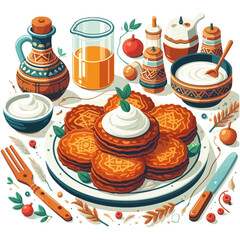 delicious spread of pancakes or fritters topped with cream, surrounded by traditional pottery, juice, and various condiments for food blogs,recipe sites,breakfast menus,and cultural culinary features