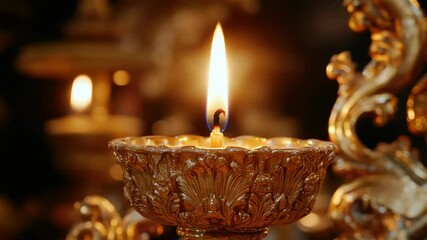 An illuminated candle in an intricately designed golden holder, often used for religious ceremonies and prayers.
